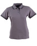 A ladies' polo shirt in grey with contrasting black stripes on the collar and sleeves. It features a logo.