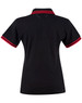 A black polo shirt with red-striped detailing on the collar and sleeves, featuring a logo.