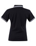 A black ladies' polo shirt featuring a classic collar and contrasting stripes on the sleeves.