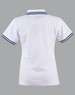 A white polo shirt with a fitted design and navy stripes on the collar and sleeves, featuring a logo.