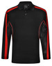 Men's long sleeve polo shirt in black, featuring red accents and mesh detailing, with a logo on the chest.