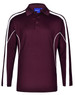 A men's long sleeve polo in burgundy with white side accents and a collar. Features a logo on the chest area.