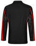 A black long sleeve polo shirt with red accents and mesh panel detailing on the sides. It features a logo.