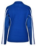 A blue long sleeve polo shirt with white accents and a logo on the back.