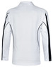 A white long sleeve polo shirt with black accents and a logo on the front.