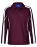 A maroon long sleeve polo shirt featuring white side stripes and a collar, with a logo on the chest.