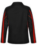 A black long sleeve polo shirt with red accents and mesh detailing on the sleeves, featuring a logo on the chest.