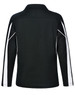 A black long sleeve polo shirt with white racing stripes on the sides and a collar. It features a logo.