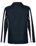 A long sleeve polo shirt in black with white panel accents and a logo. Back view showcases the design.