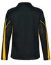 A long sleeve polo shirt in black and yellow with mesh detailing and a logo on the back.
