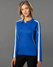 A long sleeve polo shirt in blue with white accents and a logo. Ideal for casual wear.