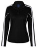 A black long sleeve polo shirt with white detailing and mesh sleeves, featuring a collar and a logo.