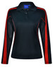 A black long sleeve polo shirt with red accents and mesh side panels, featuring a collar and buttons.