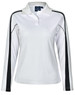 A white long sleeve polo shirt with black side accents and a collar, featuring a logo on the chest area.
