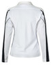 A long sleeve polo shirt in white with black detailing and a mesh back, featuring a logo.