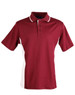 A maroon polo shirt with white side panels and a collar, featuring a logo on the chest.
