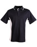 A black polo shirt with contrasting white side panels and a collar, featuring three buttons and a logo.