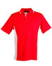 A red and white men's polo shirt featuring a contrasted design and a collar. The shirt has a logo on it.