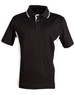 A black and white polo shirt with short sleeves, featuring a collar and a logo.