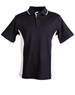 A black and white kids' polo shirt with a contrasting design and a logo on the left side.