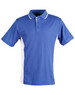 A blue and white short-sleeve polo shirt with a collar and some branding.