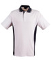 A white polo shirt with navy contrast panels and a collar. Features a logo on the chest.