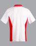 A red and white polo shirt with a contrasting design and a logo on the back.