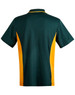 A green and yellow kids' polo shirt with a contrasting design and a logo on the chest.