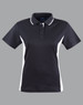 A black and white ladies' polo shirt featuring a classic collar and a logo on the chest.