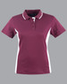 A maroon polo shirt with white contrast panels and a collar, featuring buttons and a logo.