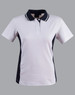 A short-sleeved polo shirt in white with black contrast panels and a logo on the collar.