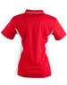 A red and white ladies' polo shirt with a contrast design, featuring a logo on the front.