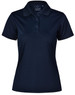 A navy textured polo shirt for ladies featuring a collar, three buttons, and a logo.