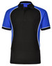 A black and blue men's polo shirt with white piping and a logo on the chest. Short sleeves and a classic collar.