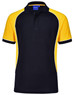 A black and yellow Men's TrueDry tri-colour short sleeve pique polo shirt with a logo.