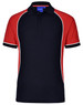 A tri-colour polo shirt featuring black, red, and white panels with a collar and buttons. It has a logo on the chest.