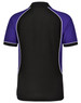 A polo shirt featuring a tri-colour design with black and purple, highlighting a sporty style and piped detailing.