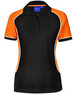 A black and orange ladies' polo shirt featuring short sleeves and a contrasting trim, with a logo on the collar.