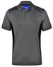 A grey men's polo shirt with contrast black panels and a logo on the chest. Short sleeves and a classic collar design.
