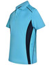 A light blue polo shirt featuring dark navy contrast panels and a logo on the chest.
