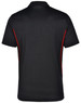 A black polo shirt with red contrast detailing and a logo on the back.