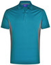 A teal and grey men's polo shirt with short sleeves and a collar, featuring branding on the neckline.
