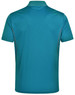 A teal polo shirt featuring short sleeves and contrast detailing, with a logo on the back.