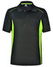 A black polo shirt with contrasting lime green side panels and a collar, featuring a logo.