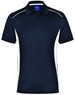 A navy blue polo shirt featuring white contrast details and a collar, with a branded tag at the neckline.