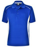 A blue polo shirt with white contrasting sides and a collar, featuring a button-up front and a logo.