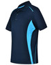 A navy blue polo shirt featuring light blue contrast panels and a branding logo. Short sleeves and a collar.