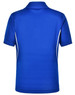 A blue Kids' Cooldry S/S Contrast Interlock Polo shirt featuring white piping and a logo on the back.