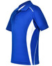 A blue kids' polo shirt with white contrast panels and a collar, featuring a logo on the front.