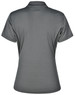 A grey polo shirt featuring short sleeves and a contrasting design at the sides, with a logo present.